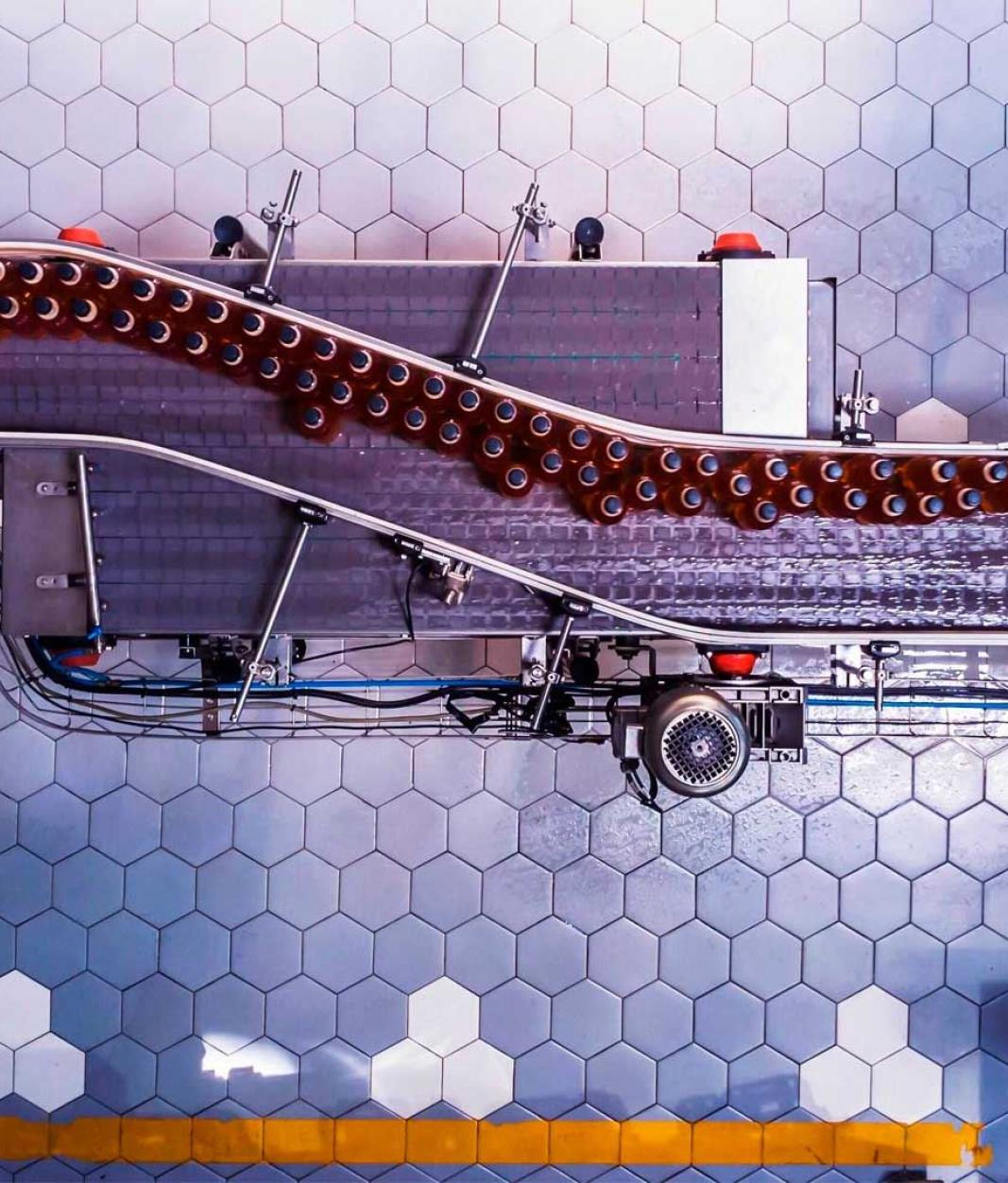 bottles on conveyor belt for production